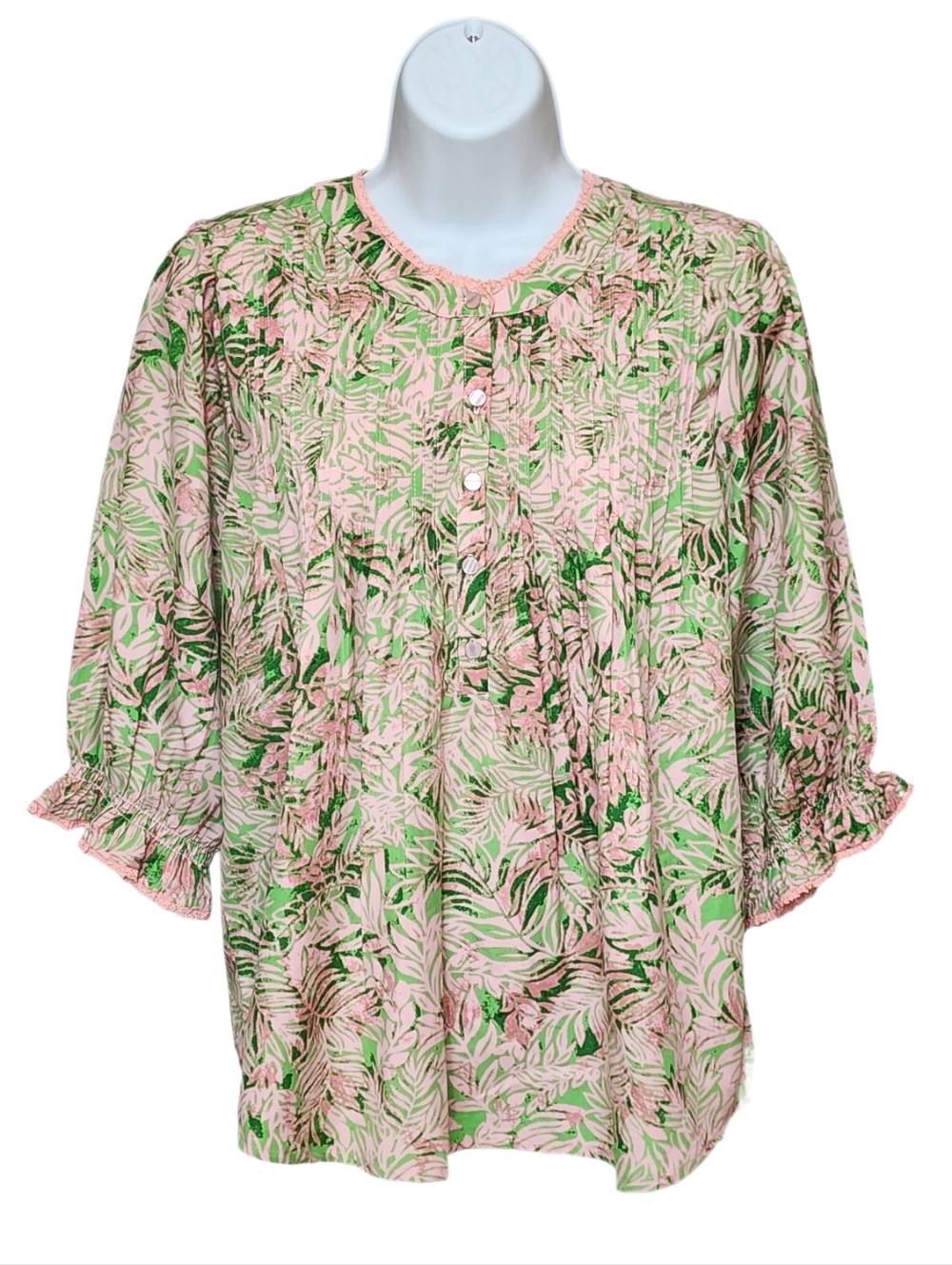 Democracy Leaf Print Lantern Sleeves Stand Collar Pintuck Front Woven Top Size S - Picture 9 of 10